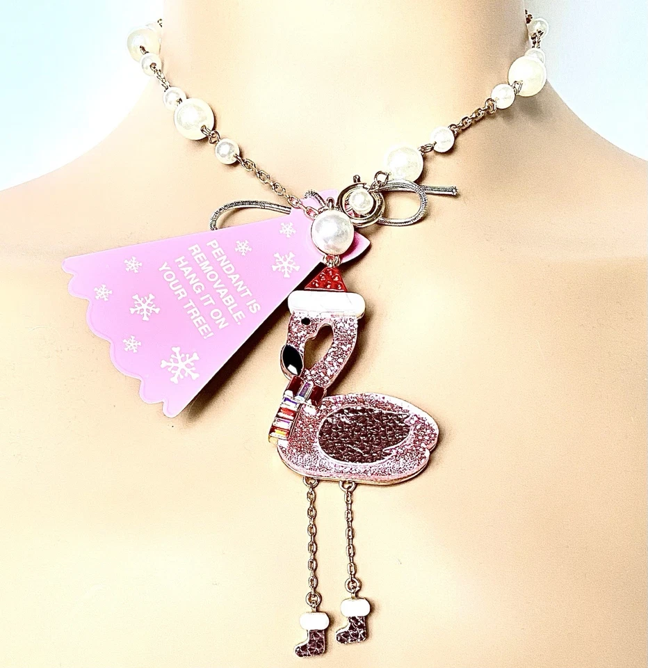 Betsey Johnson Рождественский фламинго трансформируемый орнамент подвеска ожерелье новый с Ярлыками - Изображение 3 из 4