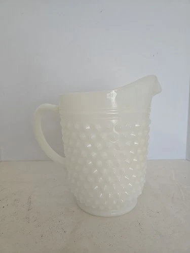 Vtg Anchor Hocking White Milk Glass Hobnail Pitcher 8" Tall
