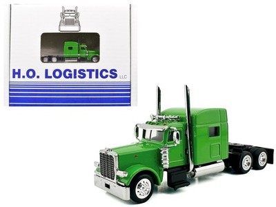 Peterbilt 389 Truck Tractor with Sleeper Cab Lime Green Low Boy Flatbed Trailer