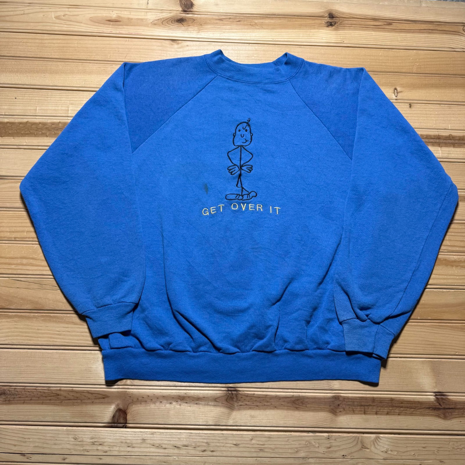 Vintage 90s Get Over It Stick Man Embroidered Funny Pullover Sweatshirt Size XL