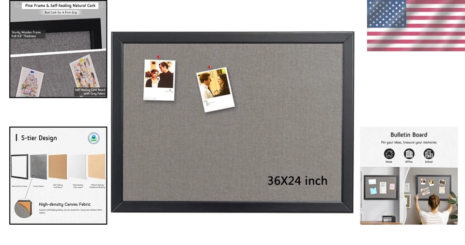 Durable 36 x 24 Inch Cork Bulletin Board with Grey Fabric, Easy to Install - Image 2 of 4