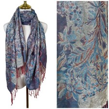 Vintage Pashmina Floral Scarf Blue Silver Metallic Jacquard Fringe Wrap Shawl