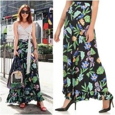 Zara Tropical Bird Floral Print Palazzo Pants XL Ruffle Hem Viscose H549 