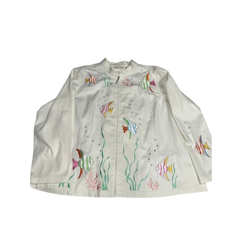 Quacker Factory Embroidered Jacket 2 XL White Fish Sequins Sea Tropical Beach - Picture 4 of 10