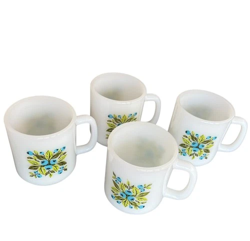 Vtg MCM Jeannette Glasbake Milk Glass Blueberry Mug Cup Set Of 4 Blueberries