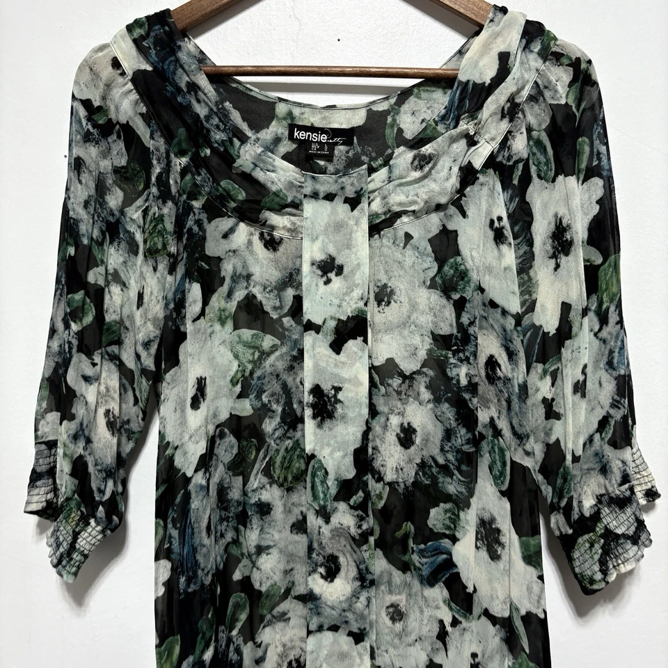 Blusa Kensie Mujer L Oscura Floral Seda Mangas 3/4 Lazo Frontal Cintura Elástica Foto 2 de 4