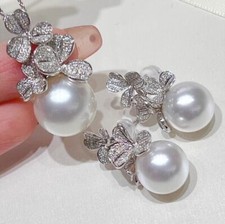 Gorgeous AAA 10-11mm South Sea White Round Pearl Pendant Earring Sets 925s