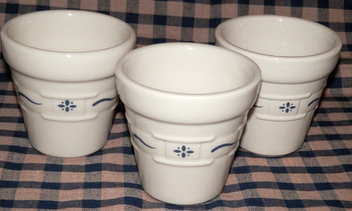 Longaberger Pottery Woven Tradition Classic Blue 3" Flower Pots Set of 3 - Picture 4 of 10