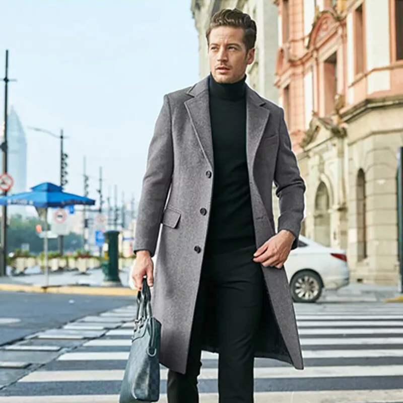 Men Winter Trench Coat Long Windbreaker Jacket Casual Office Smart Overcoat  Tops