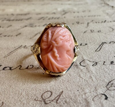 Sweet Antique 10K Yellow Gold Coral Cameo Ring, Victorian