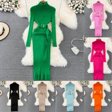 Women Knitted Midi Dress Turtle High Neck Long Sleeve Bodycon Slim Elegant
