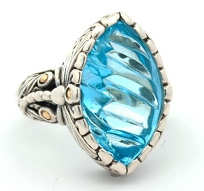 Video 18K Gold 925 Sterling Silver Natural Blue Topaz Samuel B Fancy Cut Ring 