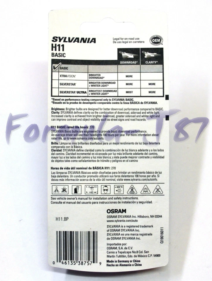 Sylvania Basic H11 55W Dos Bombillas Cabeza Luz Luz Luz Baja Repuesto Halógeno Actualización Foto 3 de 4