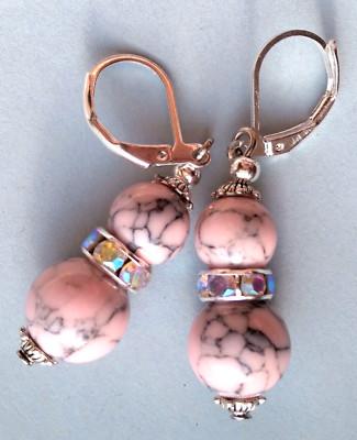 PINK HOWLITE Crystal Ring earring SP LEVER BACK handcrafted X2