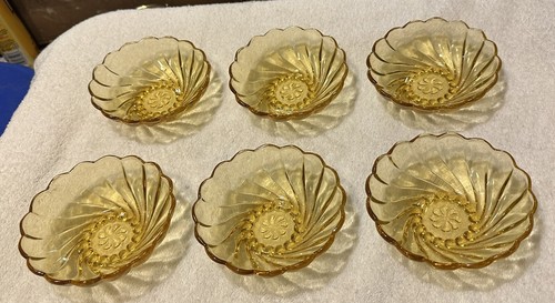 Set of 6 Vintage Hazel Atlas Amber Colonial Swirl Berry Bowls