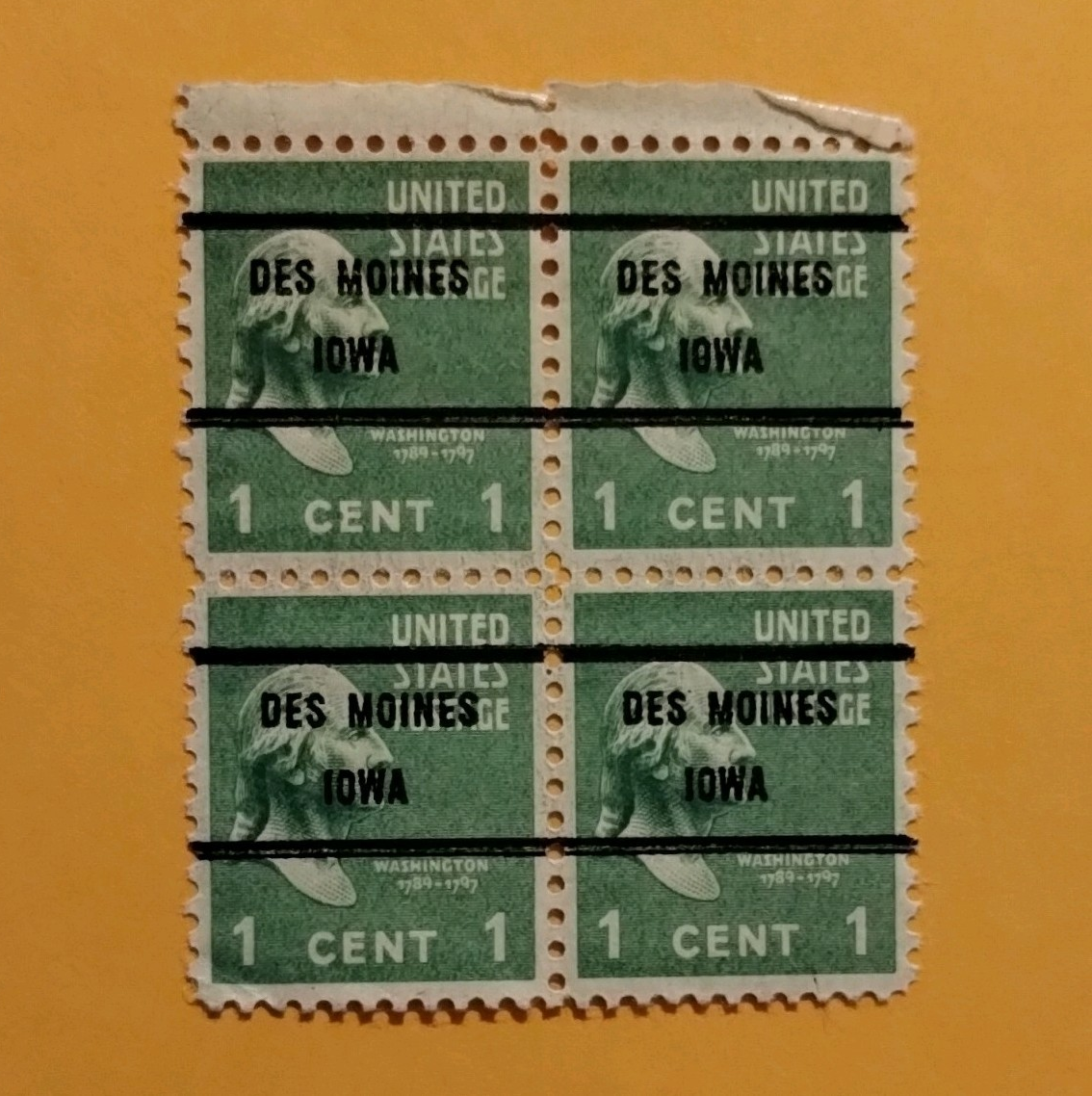 United States 1 Cent Used Washington Precancel Des Moines Iowa Block 4