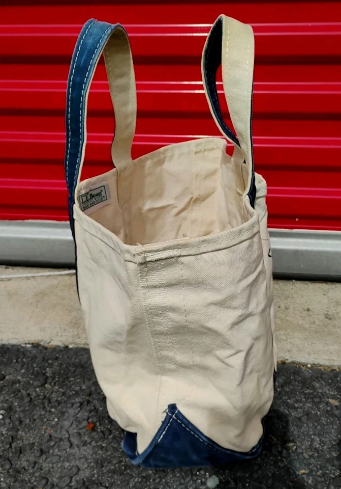 Vintage Boat & Tote LL Bean Cotton Canvas Shopper 10x17x5 Navy Ivory "JVF" - Image 4 of 4