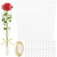 100Pcs Single Rose Sleeves with 100 Pcs Floral Water Tubes and Ribbons, Single