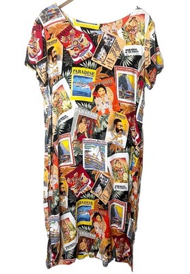 Vintage Reyn Spooner Paradise Magazine Print Midi Dress Women Sz Large Hawaiian