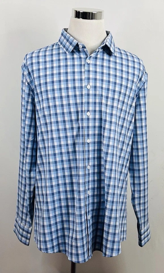 Mizzen Main Leeward 2XL Trim Fit Shirt Blue White Plaid Button Front Poly Blend - Image 2 of 4