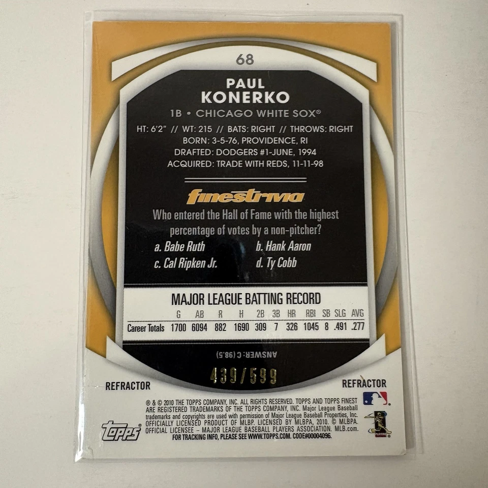 Paul Konerko 2010 Topps Finest Refractor /599 #68 SP Chicago White Sox - Image 2 of 3