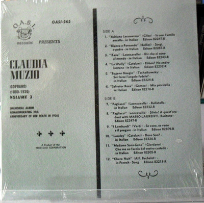 Claudia Muzio: Volume 3 - Rare Vinyl OASI RECORDS