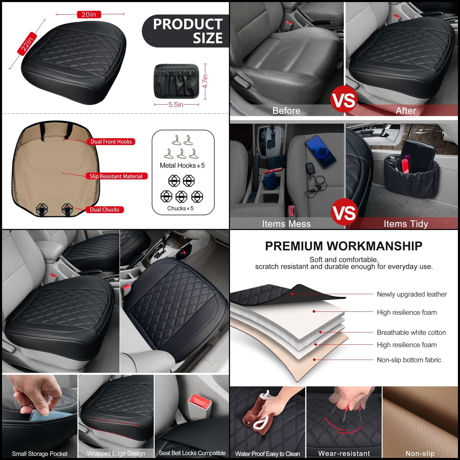 2 Pack Front Car Seat Cover, Driver Car Seat Protectors Storage Pocket (Black)