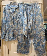 VTG 90s Kathryn Satin Pajamas Floral Blue & Gray Long Sleeve Feminine Comfy 2X