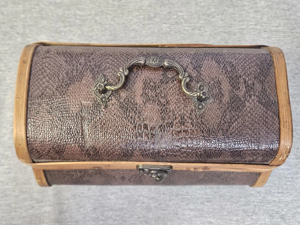 Wooden Treasure Chest Trunk Box Dome Top Faux Leather Latch Brown Decorative - Image 3 of 4