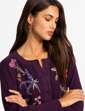 NEW JOHNNY WAS Henley Embroidered Top, Purple, Size XL