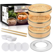 Bamboo Steamer Basket Set Chinese Cuisine 10-inch 2 Tiers Vegetable Steaming ...