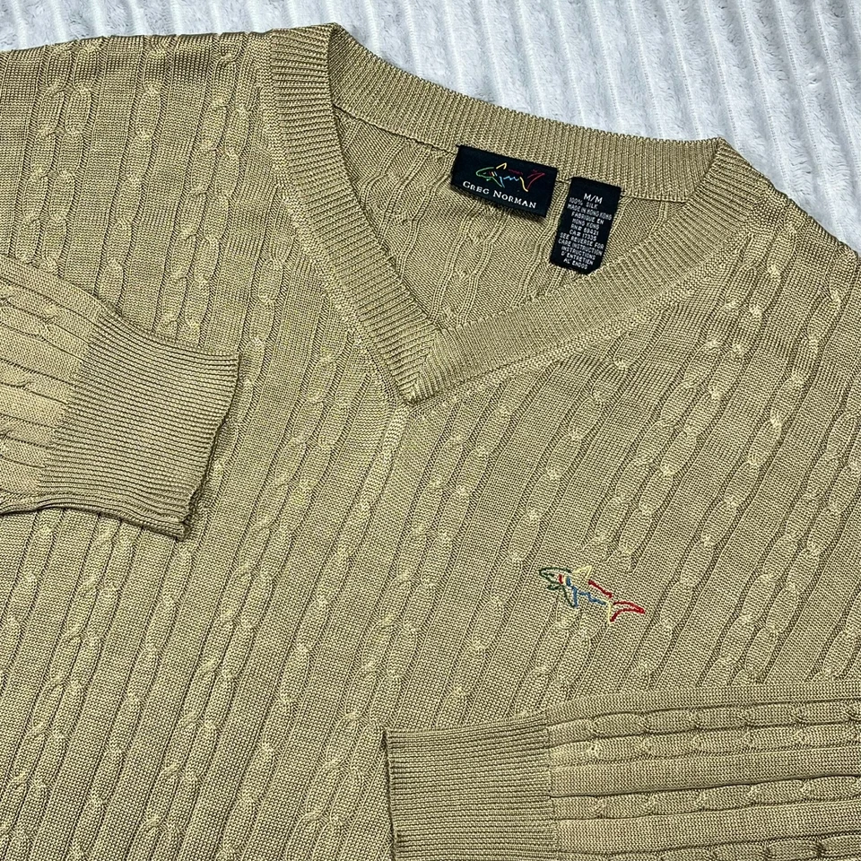 Greg Norman шелковый кабель трикотажа v-образным вырезом свитер мужской M бежевый гольф повседневный опрятный - Изображение 3 из 4