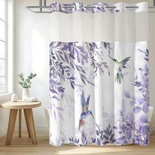 No Hook Shower Curtain with Snap in Liner Set, Purple Hummingbird Eucalyptus ...