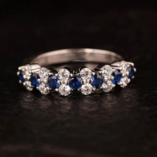 1 Ct Round Cut Blue Sapphire Eternity Engagement Ring Band 14k White Gold Finish