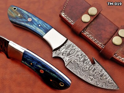 Blue wood 9.5'' Rain drop Damascus steel gut hook Skinning knife W/Leather sheath