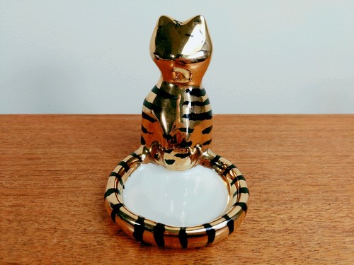 Anthropologie Gail CC - Metallic Gold Black Striped Cat Trinket Dish - SWEET