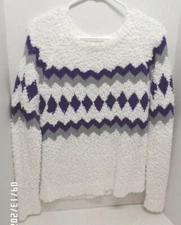 ARIZONA ,White/Gray/Purple Argyle FUZZY Comfortable Sweater Women's Size Large