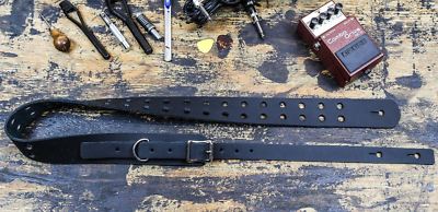 Buckle Guitar Strap Double hole Real Leather Handmade USA Rock Goth Black Oiled
