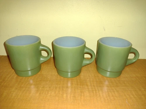 3 Vintage Fire King Anchor Hocking Green Stackable Mugs Avocado Green Matte 