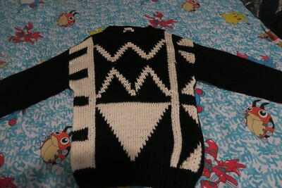 VTG 90s SOH Chunky Sweater Open Knit Men s Small Black White Geometric Handmade