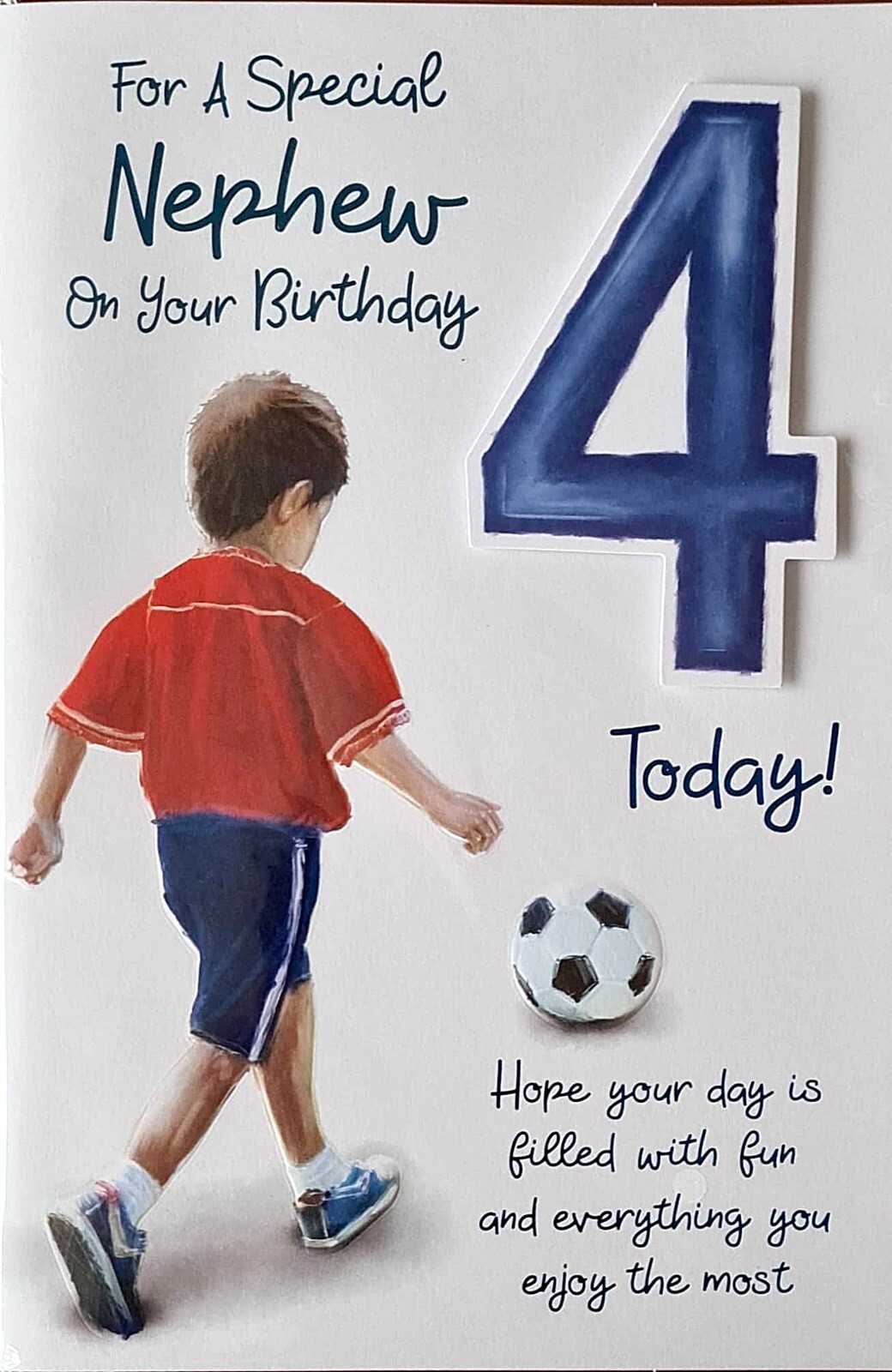 Happy 4th Birthday Card For A Special Nephew Boy Playing Football 4 Today