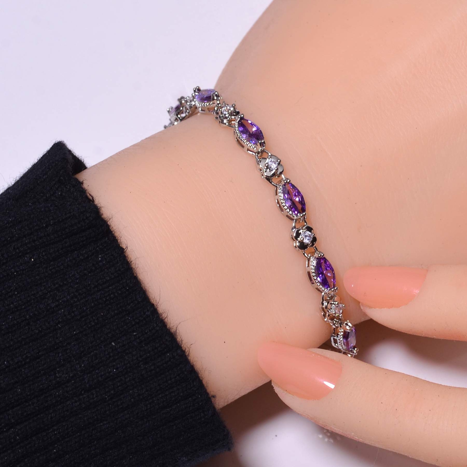 Purple Amethyst & Cubic Zirconia 925 Sterling Silver Tennis Bracelet 7.99