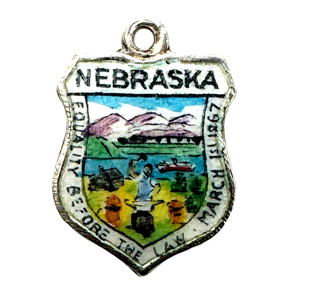 Vintage silver NEBRASKA STATE FLAG CAPITOL SOUVENIR TRAVEL SHIELD charm #1151