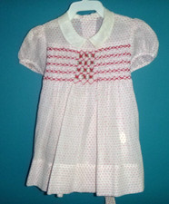 Vtg 50s Sheer Cotton Dotted Swiss Dots Dress Red White Smocked Bodice Sz 18 mo