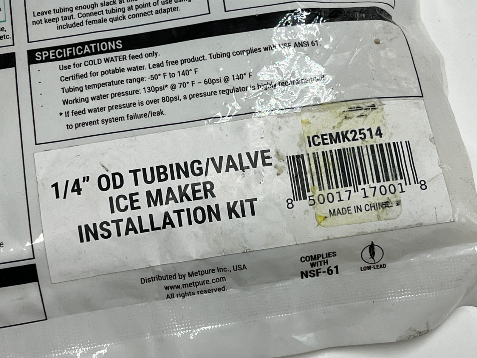 Metpure 25ft Ice Maker Fridge 1/4 Valve & Supply Line Fitting ICEMK2514 for 1/2"