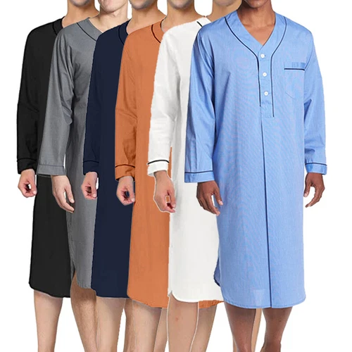 Herren Baumwolle Nachthemd Langarm Locker Lang Schlafshirt Pyjama Nachtwäsche Kleid - Bild 3 von 41