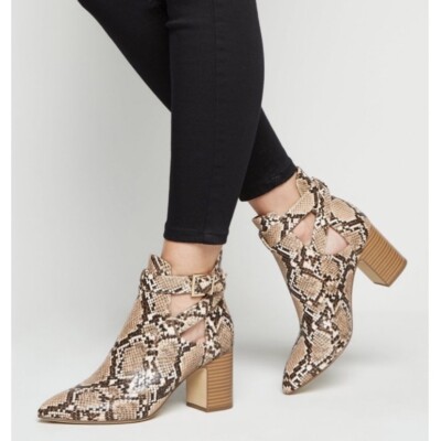 New Look Beige Faux Snake Print Cut Out Heeled Boots Shoes Size UK