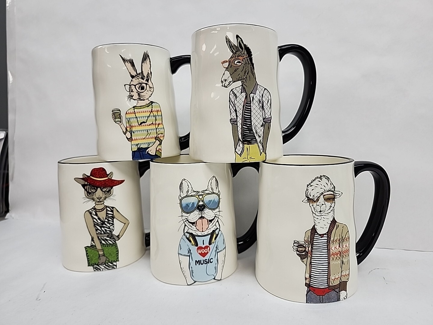 SET of 5 Novelty Stoneware Mugs Signature Animal Characters Drinkware Coffee