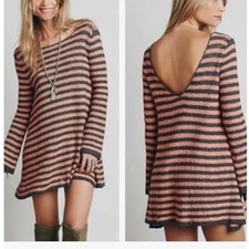 Free People Striped Long-Sleeve Knit Tunic Dress Women XS Orange Black Vacation