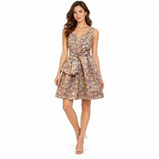 Zac Posen For Target Dress Juniors 7 Multicolor Floral Jacquard V Neck Bow Mini
